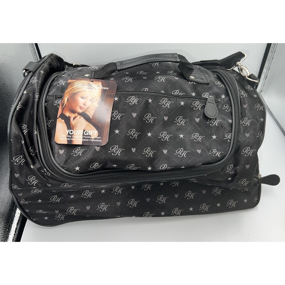 Paris Hilton Black + Pink Monogram Rolling Travel Luggage Y2K Bag(15-b0)